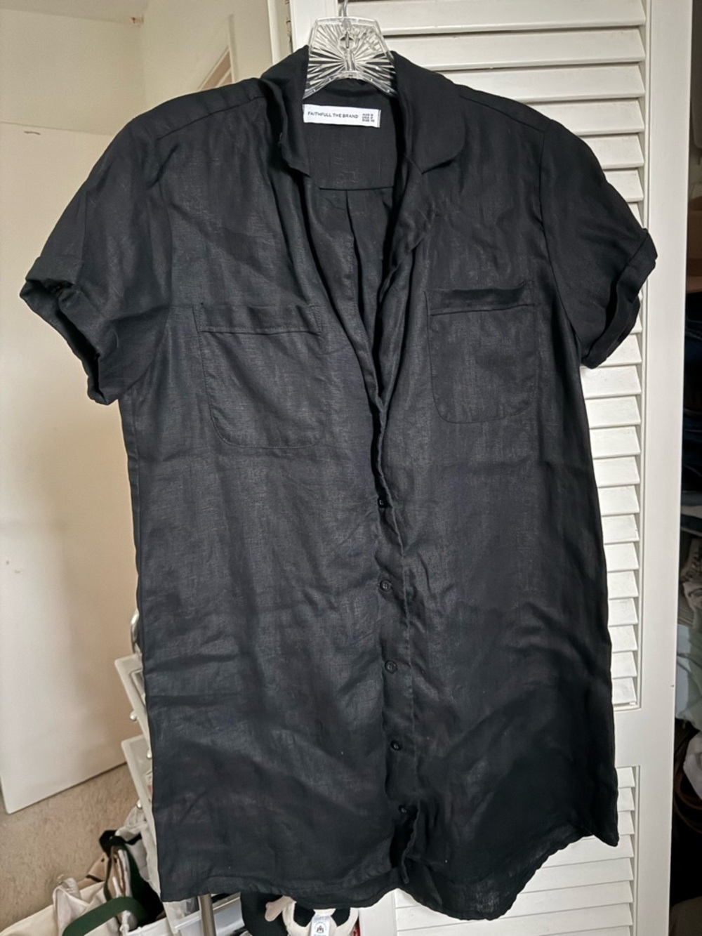 Faithfull the Brand Black Button-Front Short Sleeve Shirt Dress